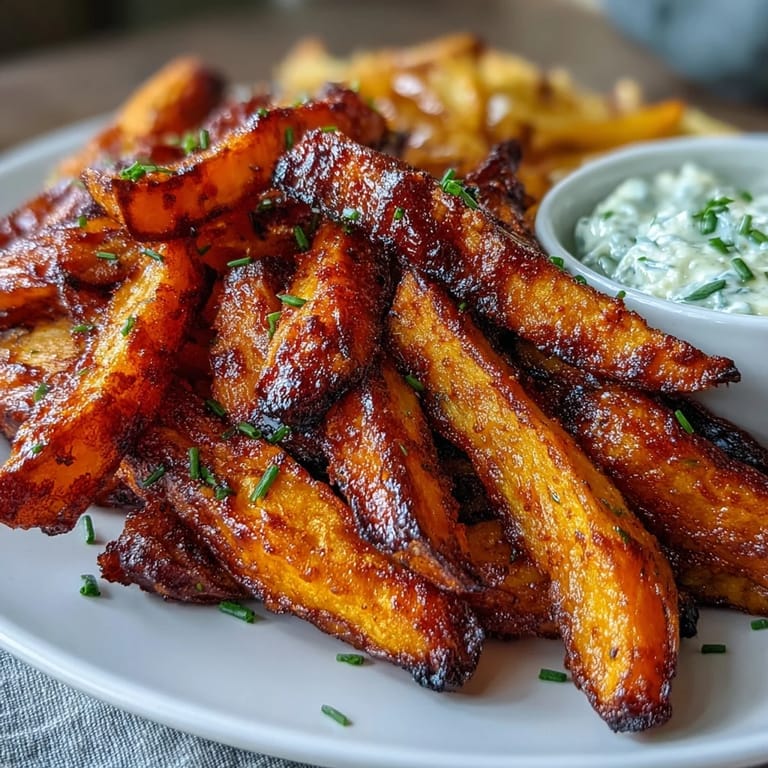 Crispy air-fried sweet potato fries alongside a creamy onion dip, offering a delicious blend of sweet and savory in every bite.