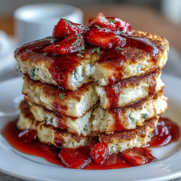 Golden-brown pancakes made with creamy cottage cheese, served with fresh strawberry syrup and a dusting of powdered sugar.  