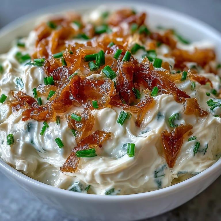 Golden caramelized onions blended with tangy sour cream and chives create a rich, savory dip ideal for appetizers or sandwich spreads.
