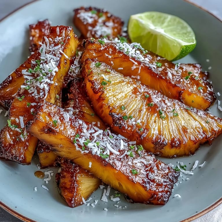 Sweet and tangy pineapple roasted to caramelized perfection, drizzled with honey-lime sauce and sprinkled with golden toasted coconut.