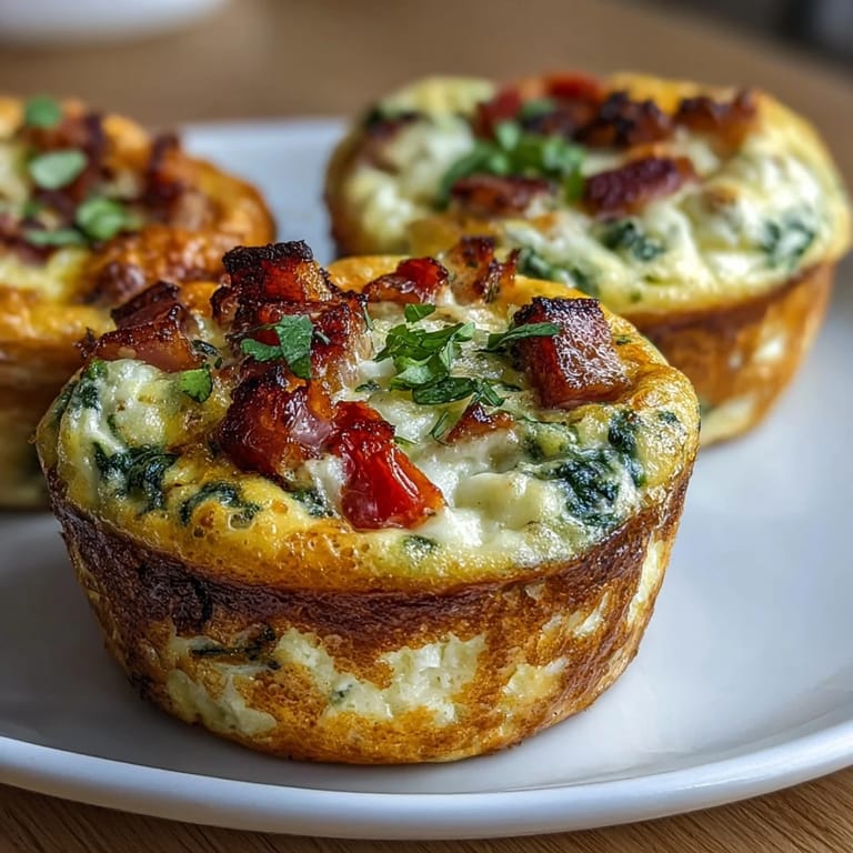 Golden baked ham and vegetable egg muffins topped with spinach and red pepper for a colorful start.  