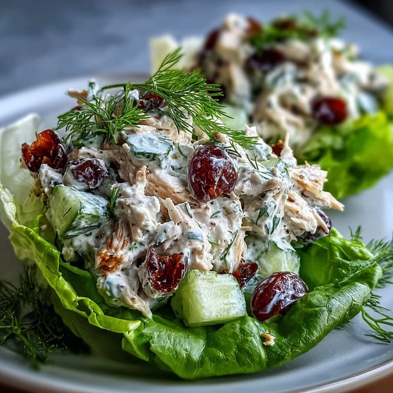 Protein-packed Greek yogurt chicken salad with fresh dill and cucumber, wrapped in crunchy lettuce leaves for a satisfying, gluten-free dish.