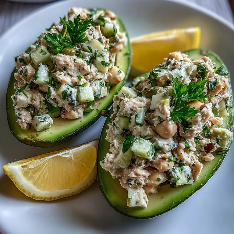 Protein-packed chickpea salad with crisp celery and pickles piled into ripe avocado boats for a healthy meal.  