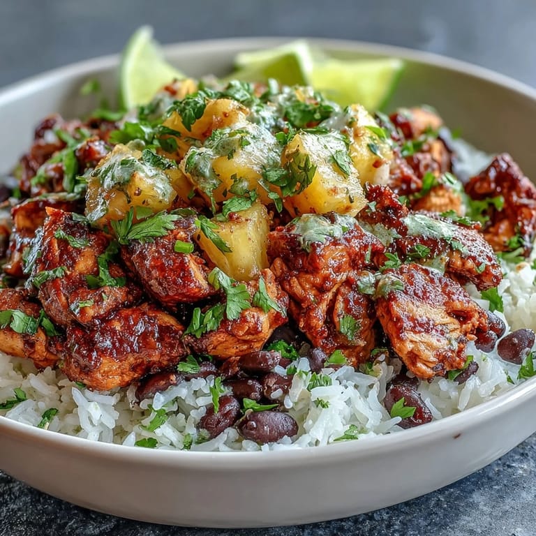 Flavorful chicken pineapple taco bowls with coconut rice, served with black beans, cherry tomatoes, and avocado for a colorful, satisfying dish.