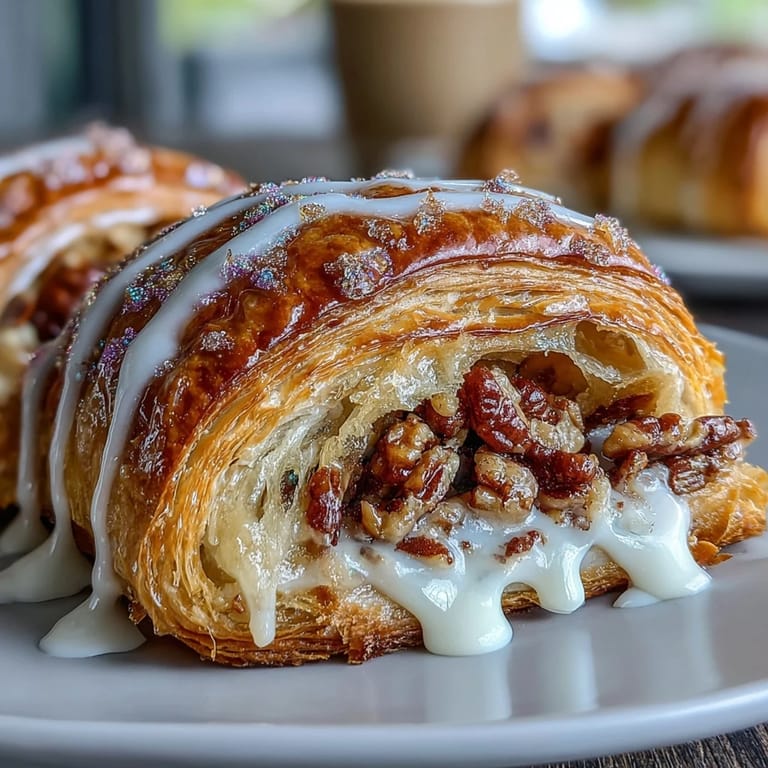 Warm King Cake croissants oozing with cinnamon-spiced pecan filling, finished with sweet icing and colorful festive sprinkles.