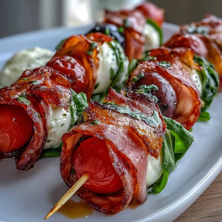 Colorful Italian sub skewers loaded with mortadella, mozzarella, and cherry tomatoes, served with creamy garlic aioli for dipping.
