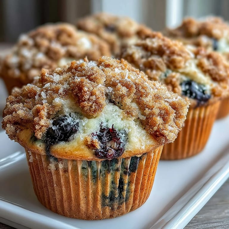 Fluffy muffins bursting with fresh blueberries and tangy lemon flavor, crowned with a sweet, crisp sourdough crumb topping for irresistible texture.