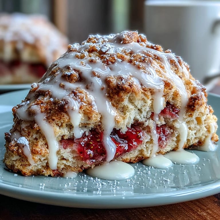 Buttery scones bursting with juicy strawberries and finished with tangy lemon glaze, served alongside a mix of fresh berries.  