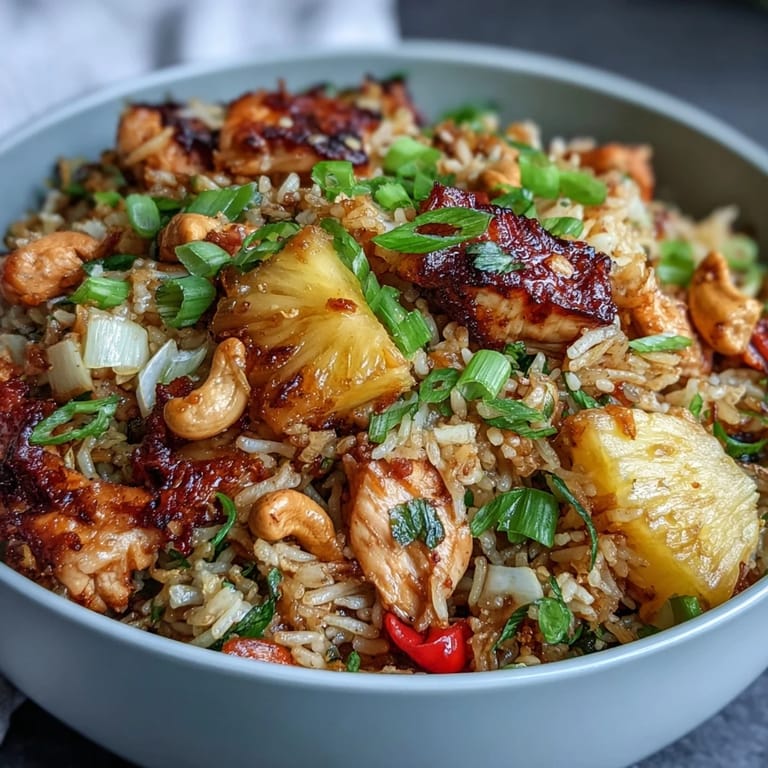 Aromatic Asian-inspired fried rice dish featuring sweet pineapple, golden chicken, crisp bell peppers, and roasted cashews for texture and flavor.  