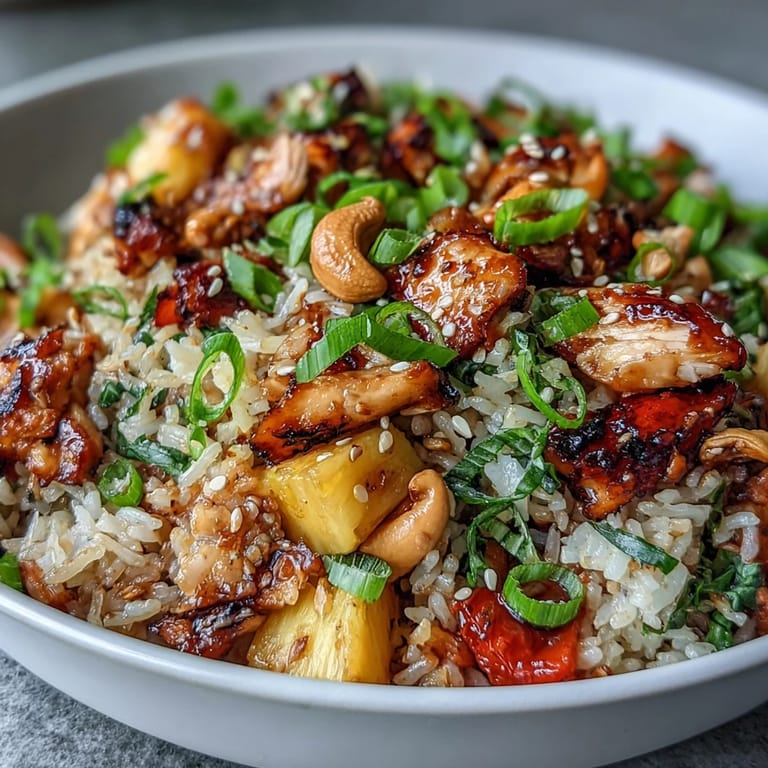 Quick and easy pineapple chicken fried rice with tender chicken, sweet pineapple, crunchy cashews, and vibrant vegetables, perfect for weeknight dinners.