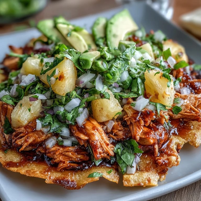 Flavorful chicken tostadas topped with sweet pineapple salsa, fresh cilantro, and ripe avocado for a colorful, satisfying dish.  