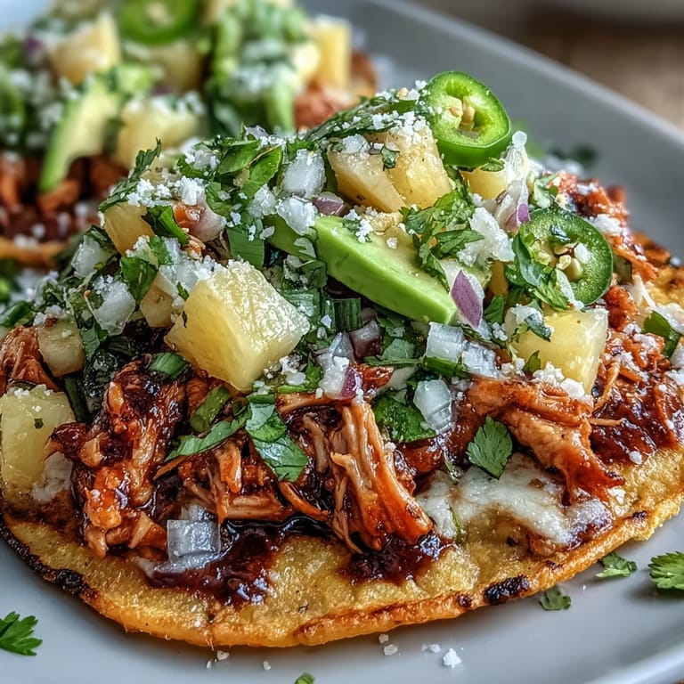 Mexican-style tostadas featuring tender chicken, tangy pineapple salsa, and creamy avocado for a fresh and zesty dinner.