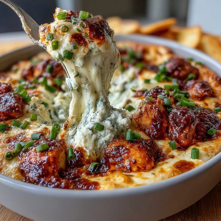 High-protein cottage cheese buffalo chicken dip served hot with celery sticks, carrot sticks, and tortilla chips for dipping.  