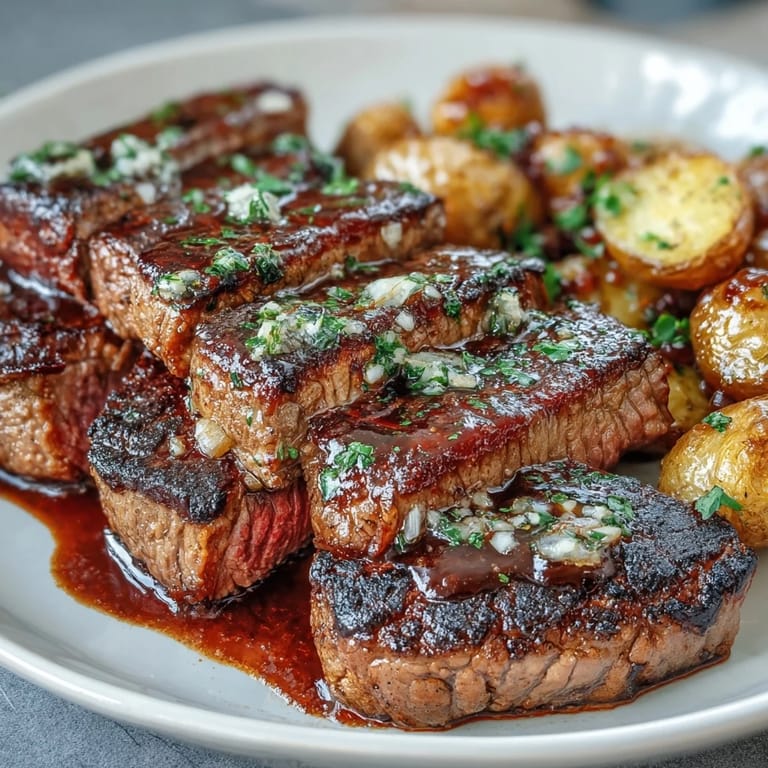 Garlic Butter Steak Bites and Potatoes: tender sirloin steak and baby Yukon Gold potatoes cooked to perfection in a savory garlic herb butter blend.  
