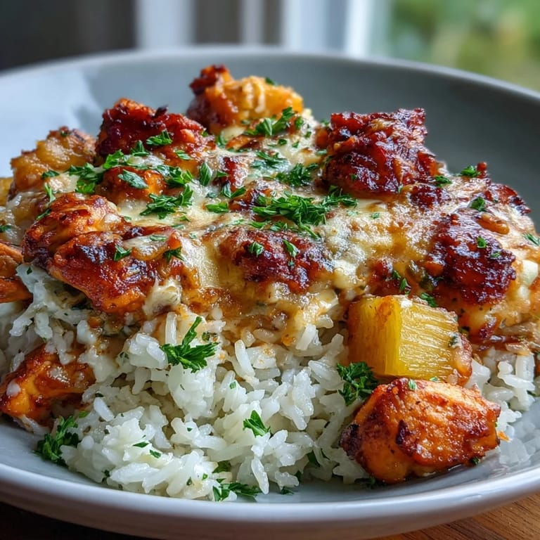 Savory chicken and rice casserole with juicy pineapple chunks, baked under a golden, cheesy crust.