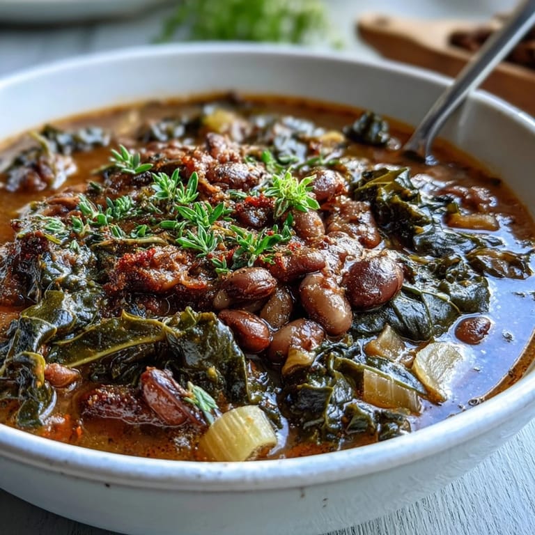 Comforting Southern black-eyed pea and collard green stew, served with a side of golden cornbread for a hearty meal.