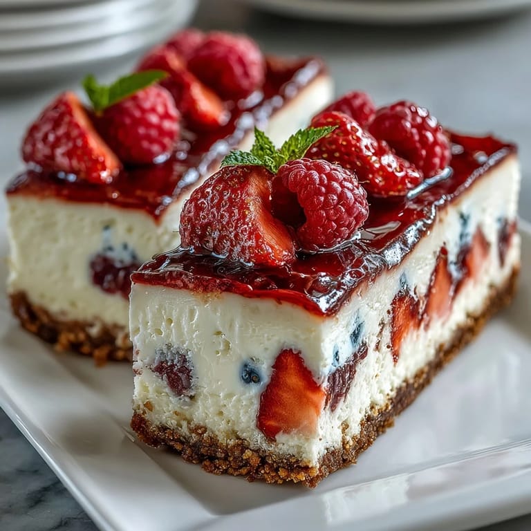 Creamy no-bake cheesecake flag cake featuring vibrant red strawberries, blueberries, and smooth filling for Independence Day celebrations.