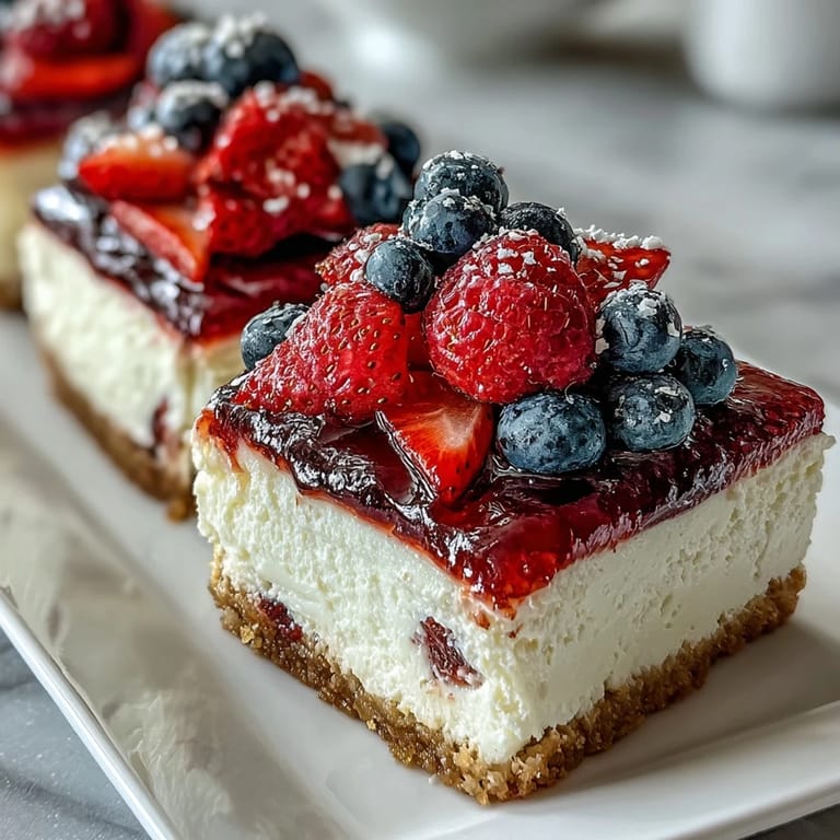 No-bake cheesecake flag cake with fresh berry stripes and stars, perfect for easy Fourth of July entertaining.