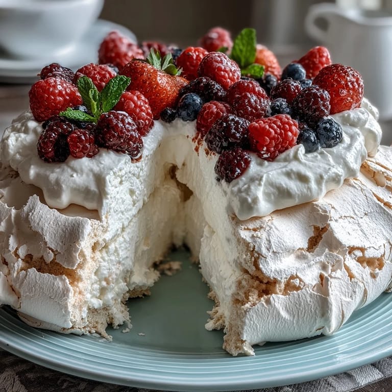 Elegant pavlova dessert for Mothers Day, featuring a delicate meringue base with soft marshmallow center, fluffy whipped cream, and vibrant seasonal berries artfully arranged on top.
