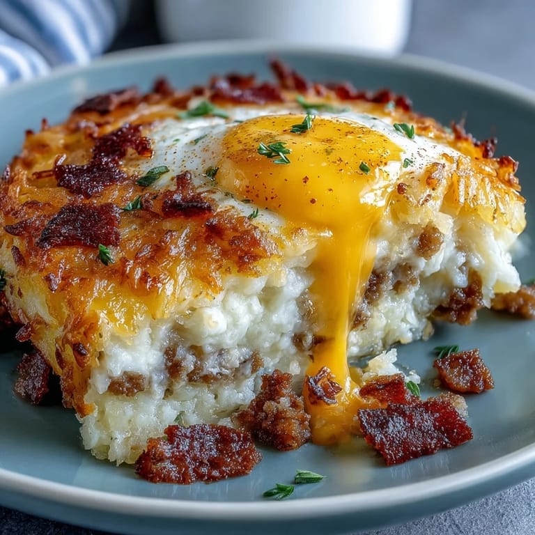 Savory Amish Breakfast Casserole with crispy hash browns, sausage, and melted cheese, perfect for brunch.