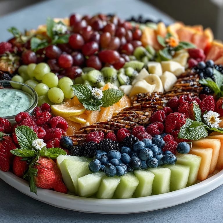 Colorful fresh fruit display with edible flowers, ideal centerpiece for festive gatherings