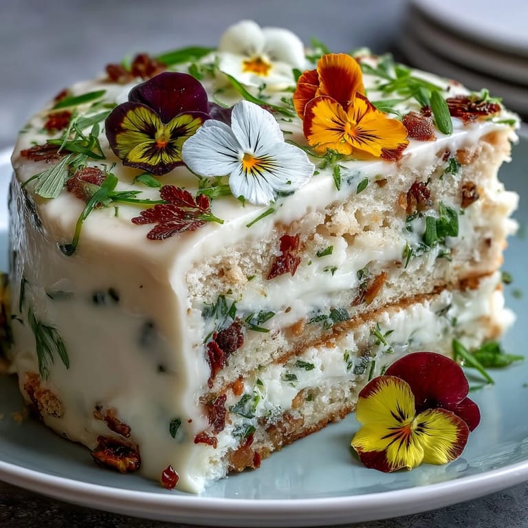 Elegant lemon-curd cake decorated with pressed pansies and violets, ideal for spring celebrations and garden parties.