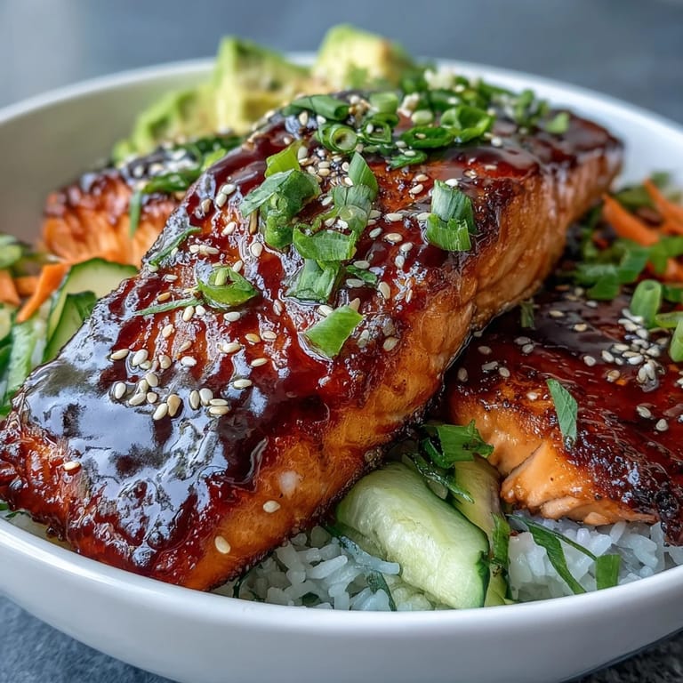 Savory teriyaki-glazed salmon served over jasmine rice with colorful veggies and a sprinkle of toasted sesame seeds.
