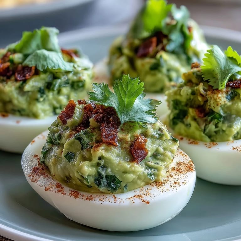 Classic deviled eggs get a Mexican twist with guacamole stuffing, lime, and jalapeño for a zesty appetizer.  