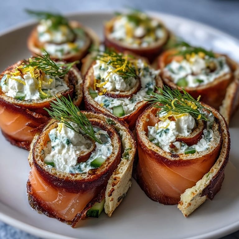 Close-up of smoked salmon pinwheels showing creamy dill cheese filling and crisp cucumber slices wrapped in soft tortillas.