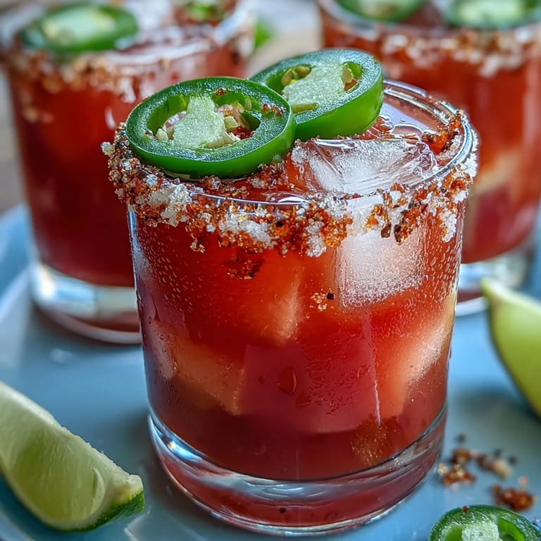 A cool, blended Cinco de Mayo Watermelon Jalapeño Margarita Mocktail, perfect for a festive, non-alcoholic celebration.