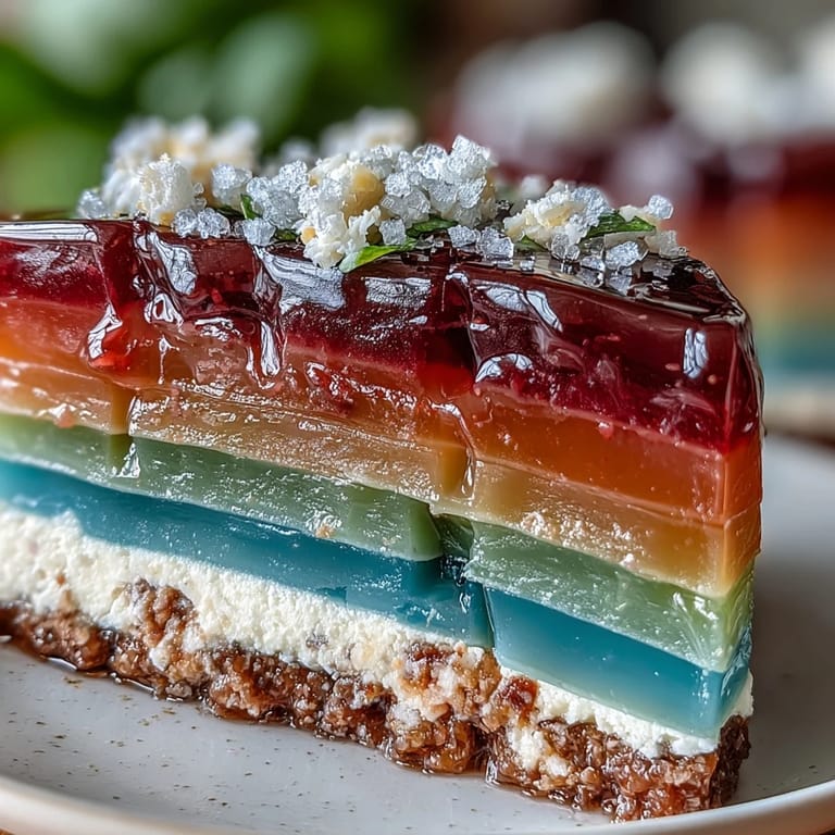 Showcasing colorful agar-agar layers, this Rainbow Jelly Cake is sliced beautifully.