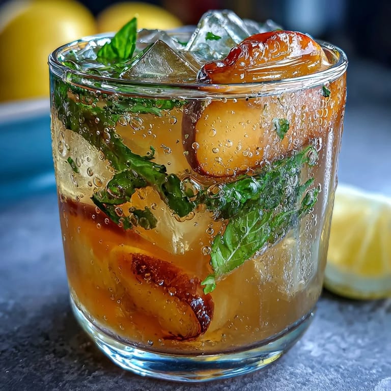 Refreshingly cool Starbucks copycat peach green tea lemonade with fresh fruit garnish.