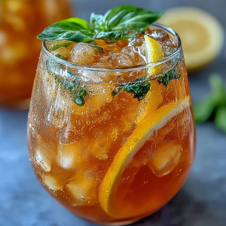 Enjoy this homemade iced peach green tea lemonade, a perfect summer thirst quencher.