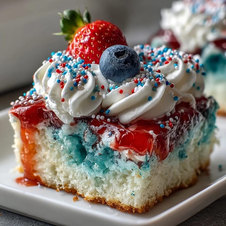 Delicious Red White Blue Poke Cake, a star-spangled dessert perfect for parties.
