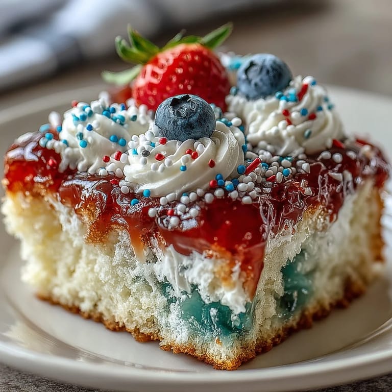 Vibrant swirled Red White Blue Poke Cake topped with patriotic sprinkles.