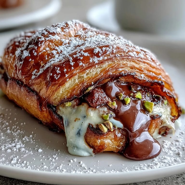Fluffy Dubai Chocolate Pistachio Croissant French Toast, dusted with powdered sugar.