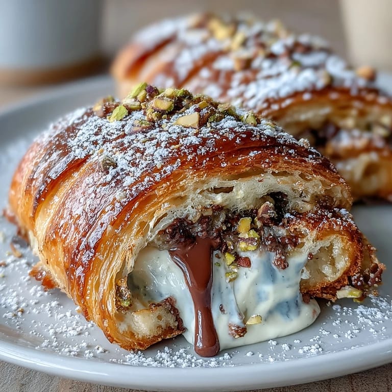 Decadent baked Dubai Chocolate Pistachio Croissant French Toast, drizzled with syrup.
