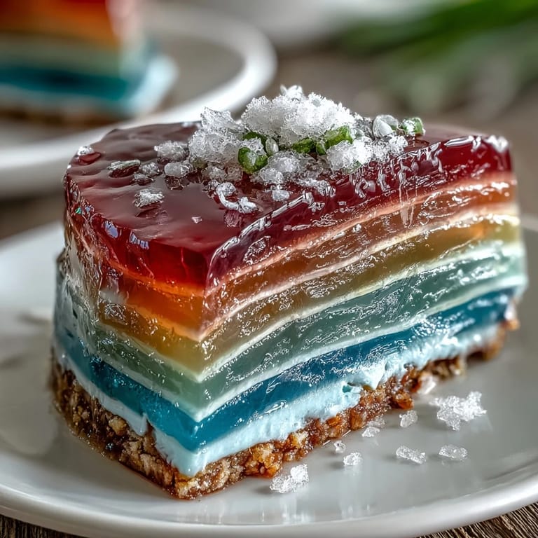Perfectly chilled Rainbow Jelly Cake topped with creamy coconut, ready to serve.