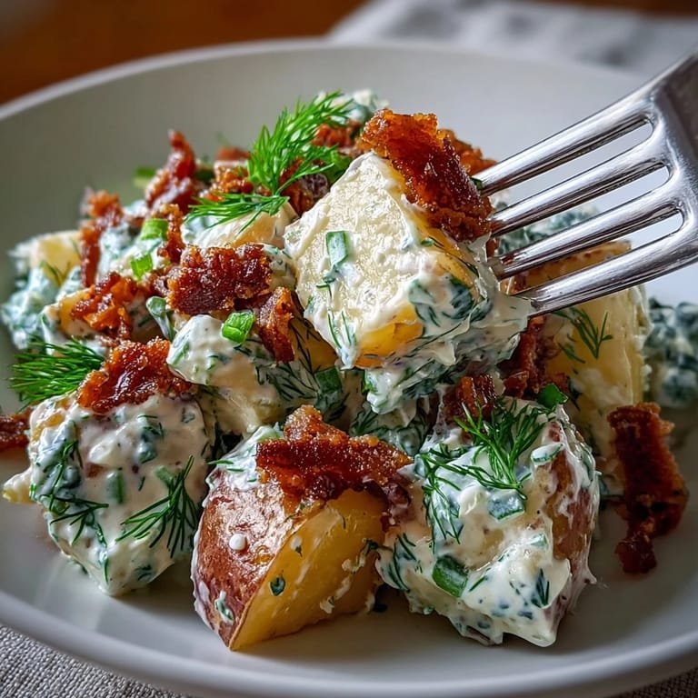 A festive Memorial Day potato salad, creamy with crumbled bacon and crisp celery.