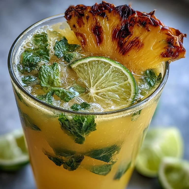 Tropical Pineapple Coconut Agua Fresca, garnished with fresh fruit.