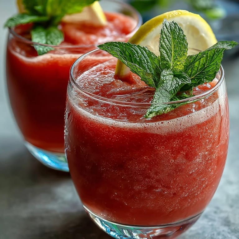 Enjoy this no-sugar-added watermelon lemonade slushie, garnished with mint and citrus.