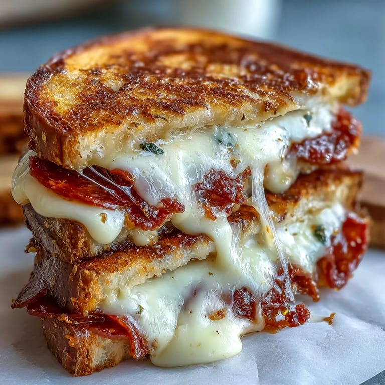 Juicy, melted Pepperoni Pizza Grilled Cheese with toasted sourdough and melted mozzarella.