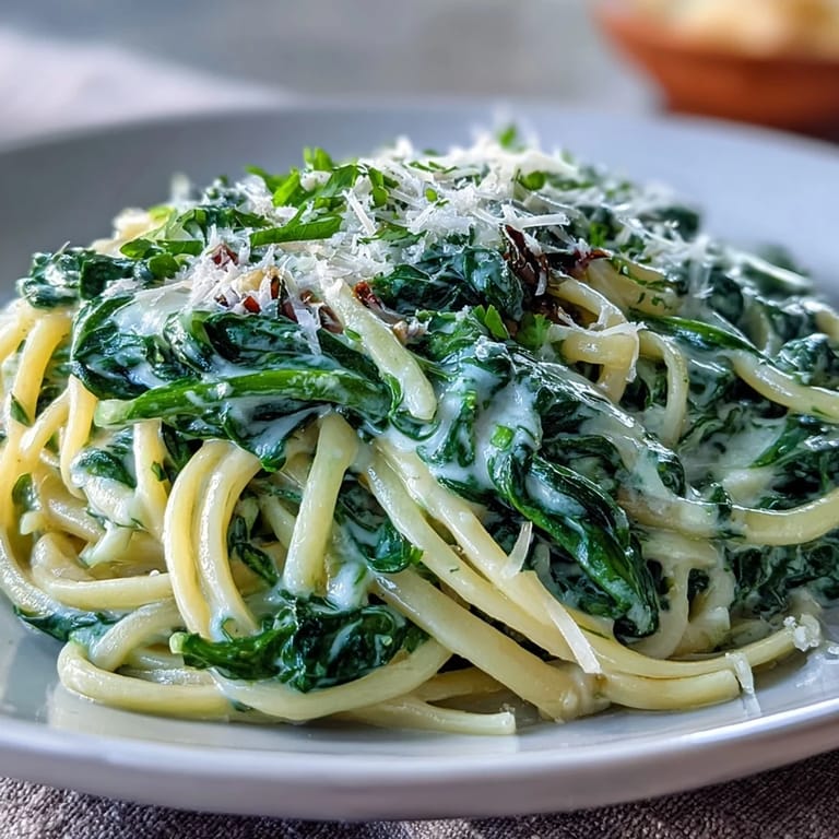 A vibrant bowl of Creamy Spinach Pasta, ready to be enjoyed with a sprinkle of cheese.