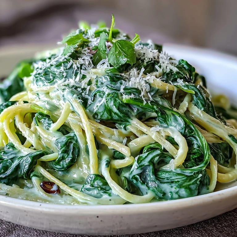 Deliciously rich Creamy Spinach Pasta, a quick weeknight dinner with tender spinach.