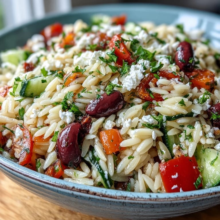 Hearty Greek Style Orzo Salad, perfect for a comforting vegetarian main dish.
