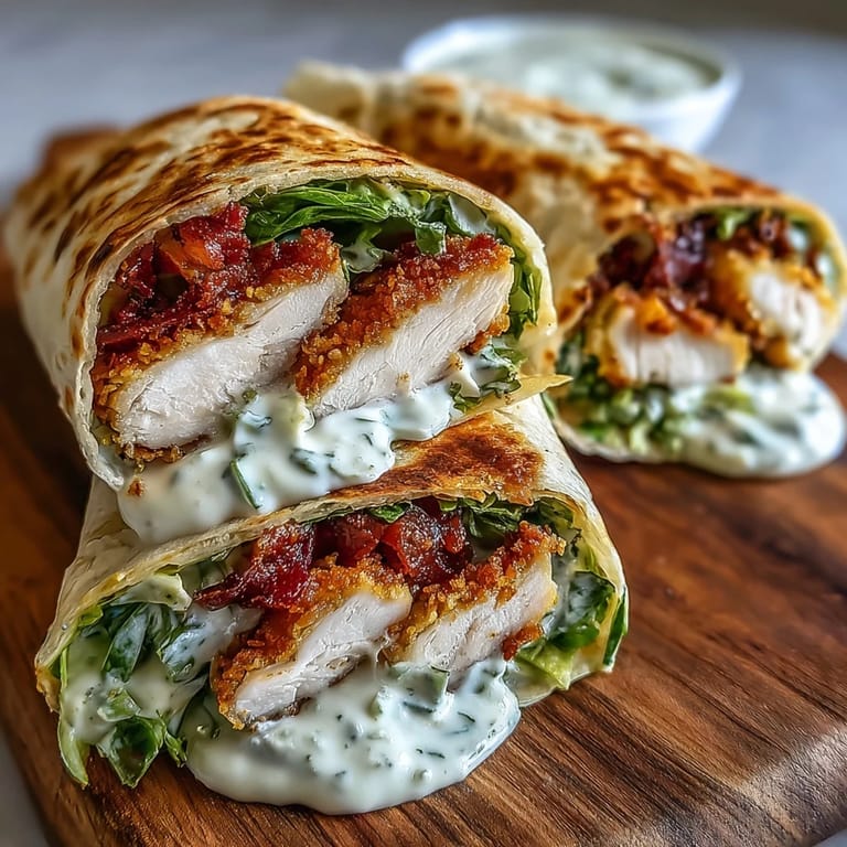 Deliciously assembled Crispy Chicken Caesar Wraps, ready to enjoy with a peppery finish.