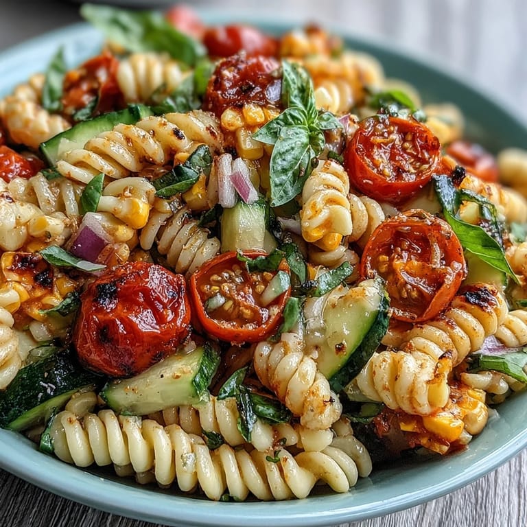 Closeup of Summer Corn and Tomato Pasta Salad, a refreshing vegetarian summer side.
