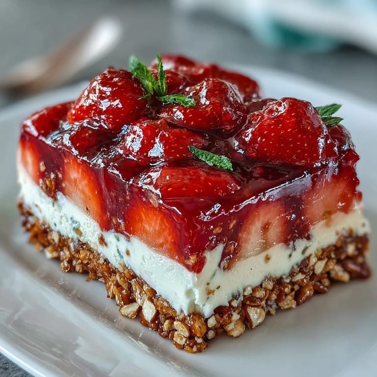 Close-up of refreshing Strawberry Pretzel Jello Salad ready for festive dessert serving.