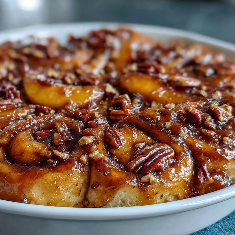 Decadent peach cobbler cinnamon roll casserole with warm, sweet fruit.