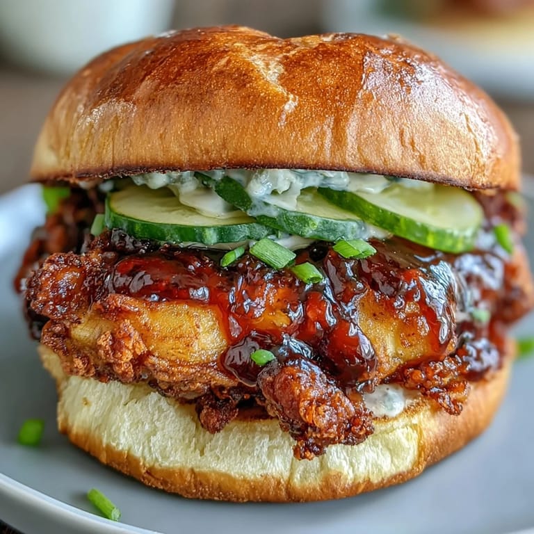 Golden brown hot honey chicken sandwich piled high with crisp lettuce.